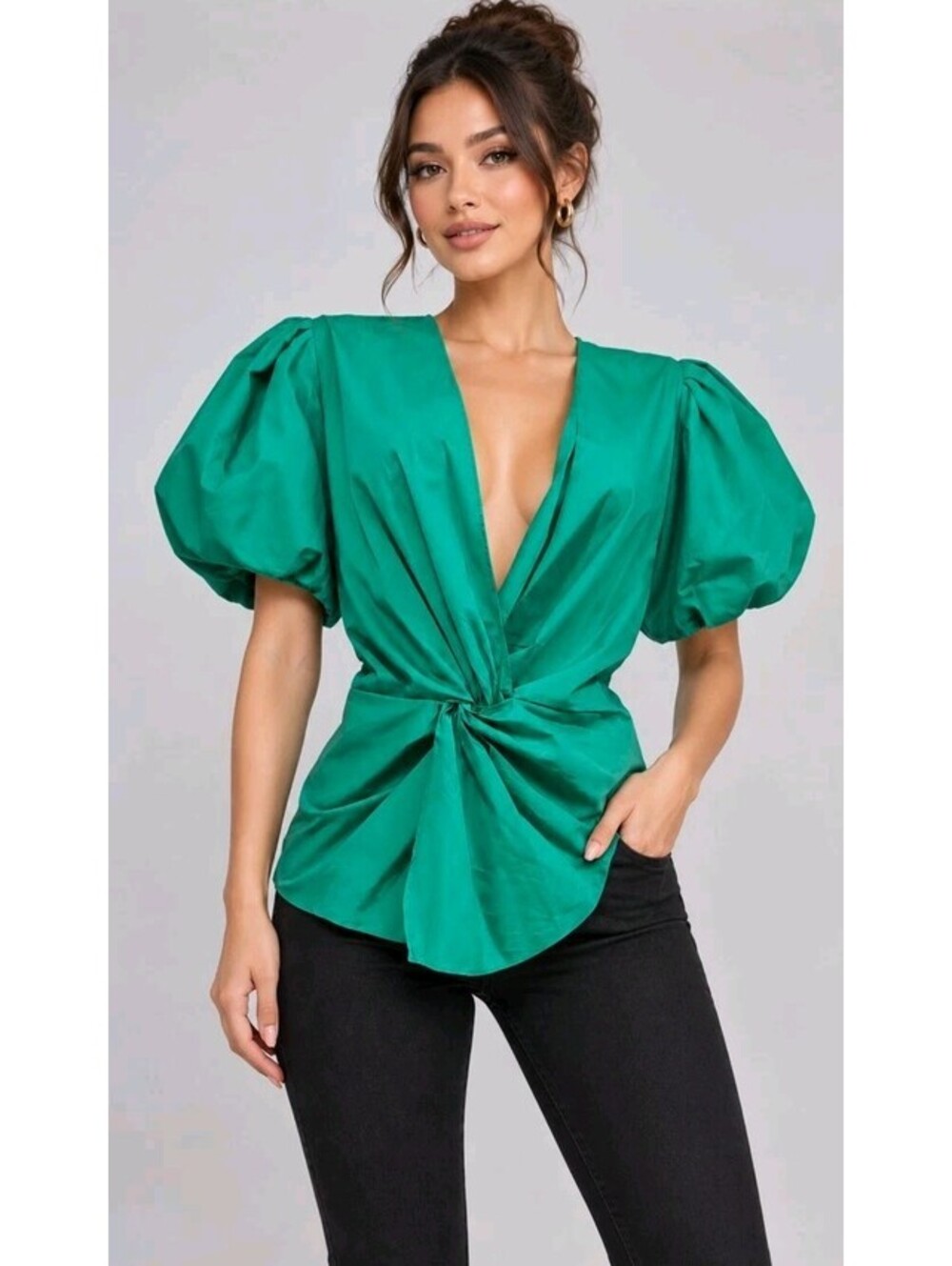 Express XL Emerald Green Dramatic Sleeve Twisted V Neck Blouse Side Zip NWT #CC